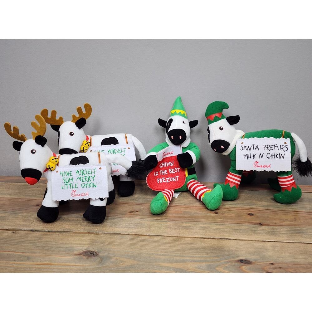 4 Chick Fil A Plushie Cows Merry Chikin Stuffed Animal Christmas Toys